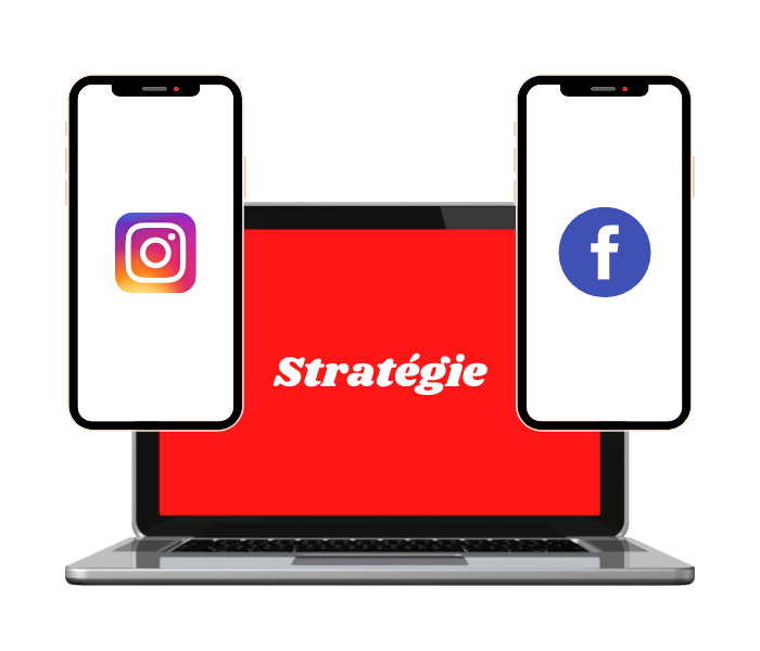 Ordinateur et téléphones avec le mot stratégie et les icônes d'Instagram et Facebook