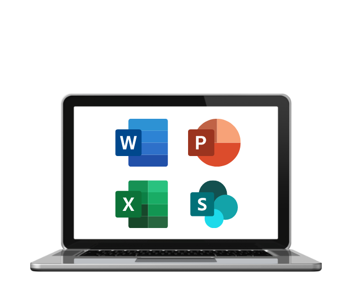 Ordinateur avec les icônes de la suite Microsoft Office