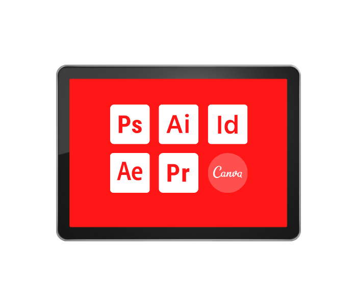 Tablette avec les logos de Photoshop, Illustrator, Indesign, Aftereffect, Premiere pro et Canva